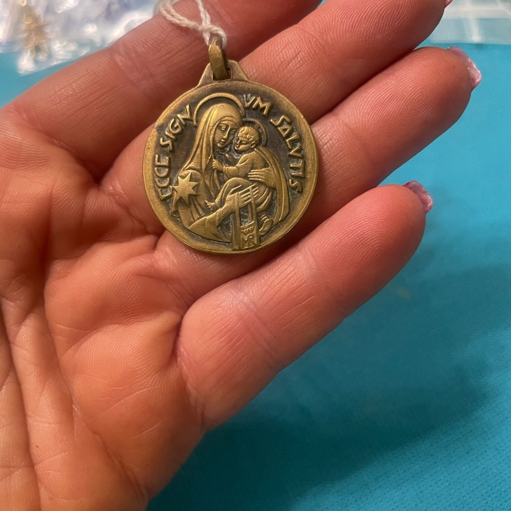 Vintage baby Jesus and Mary brass medallion pendant